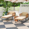 Patio acacia wood armchairs with long ottoman and beige seat back cushions, ideal for backyard or poolside relaxation.