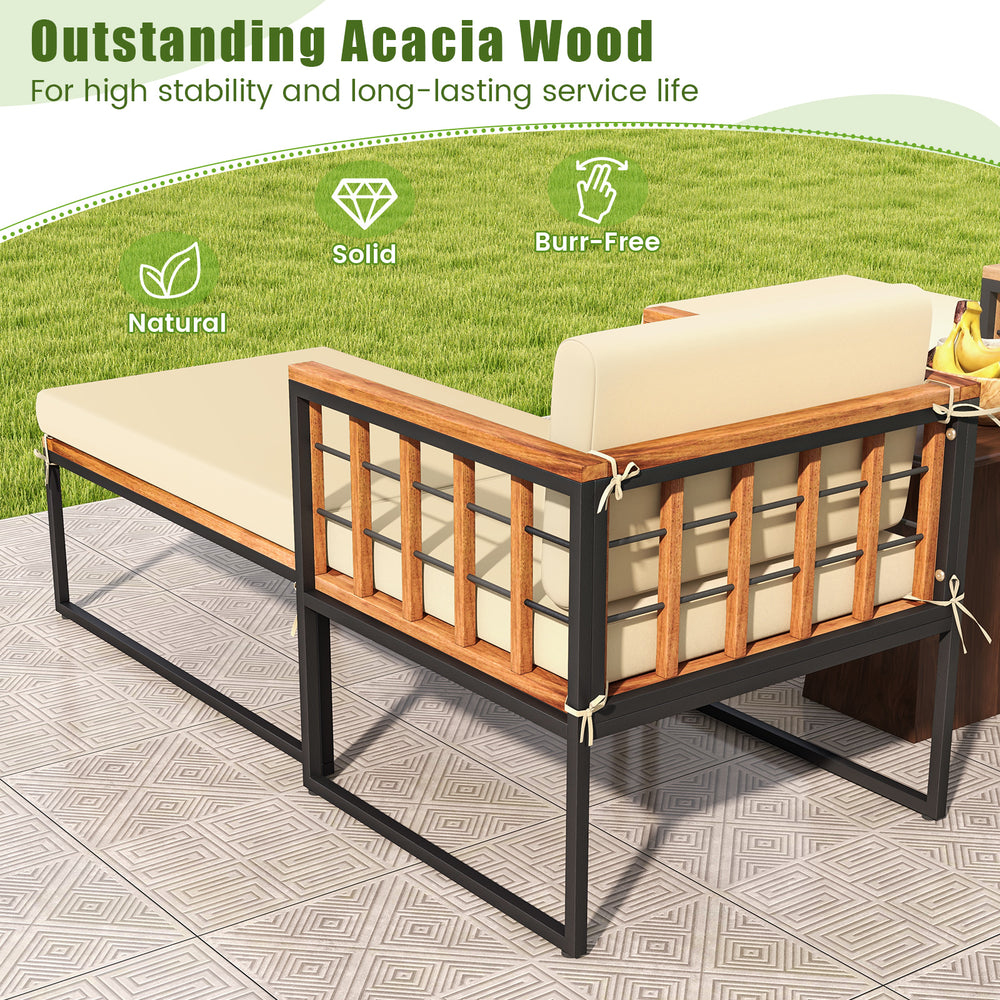 Patio acacia wood armchair with long ottoman, featuring soft cushions and durable frame, ideal for outdoor relaxation.