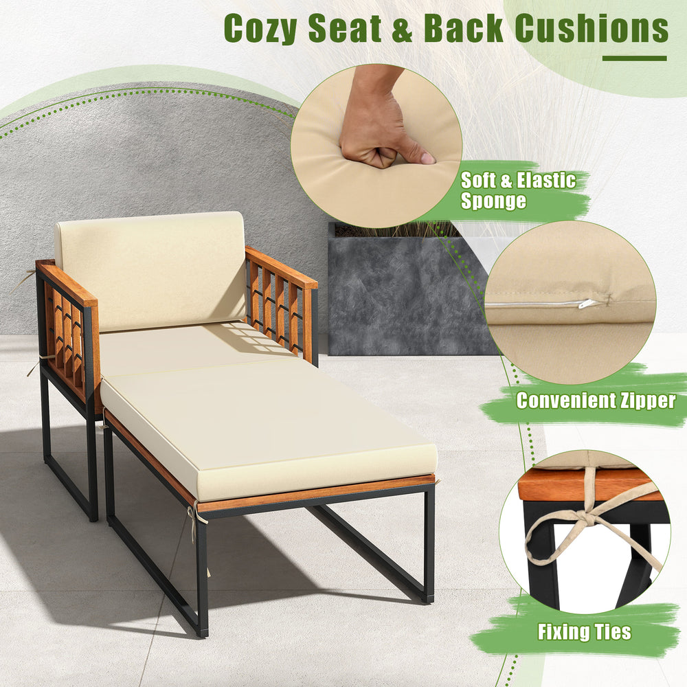 Patio acacia wood armchair with soft seat and back cushions, featuring a long ottoman, ideal for backyard relaxation.
