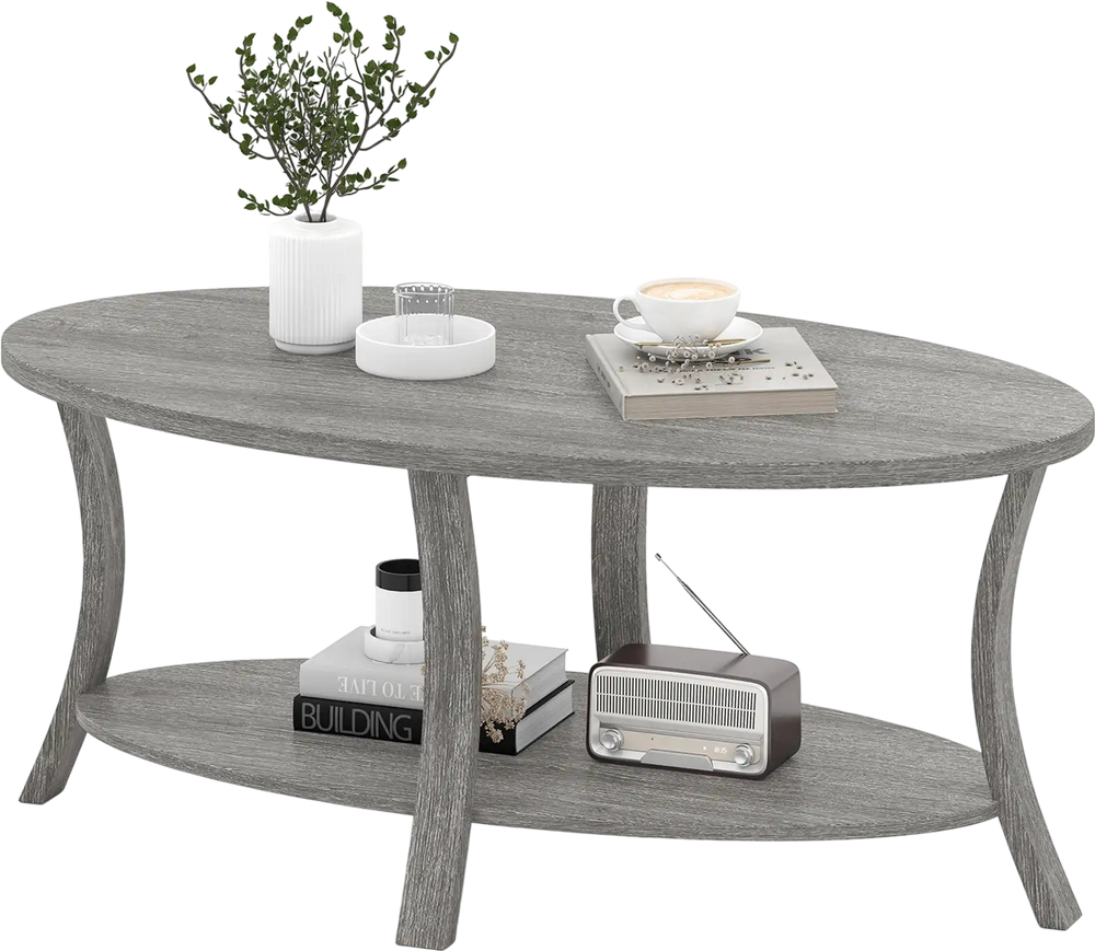 Oval coffee table in gray with a wide tabletop and open storage shelf, perfect for snacks and magazines.