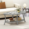 Oval gray coffee table with a 2-tier design, featuring a wide tabletop and open storage shelf for versatile use.