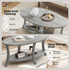 Gray oval coffee table with wide tabletop and open storage shelf for snacks, magazines, and remote controls.