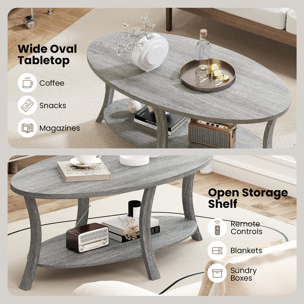 Gray oval coffee table with wide tabletop and open storage shelf for snacks, magazines, and remote controls.