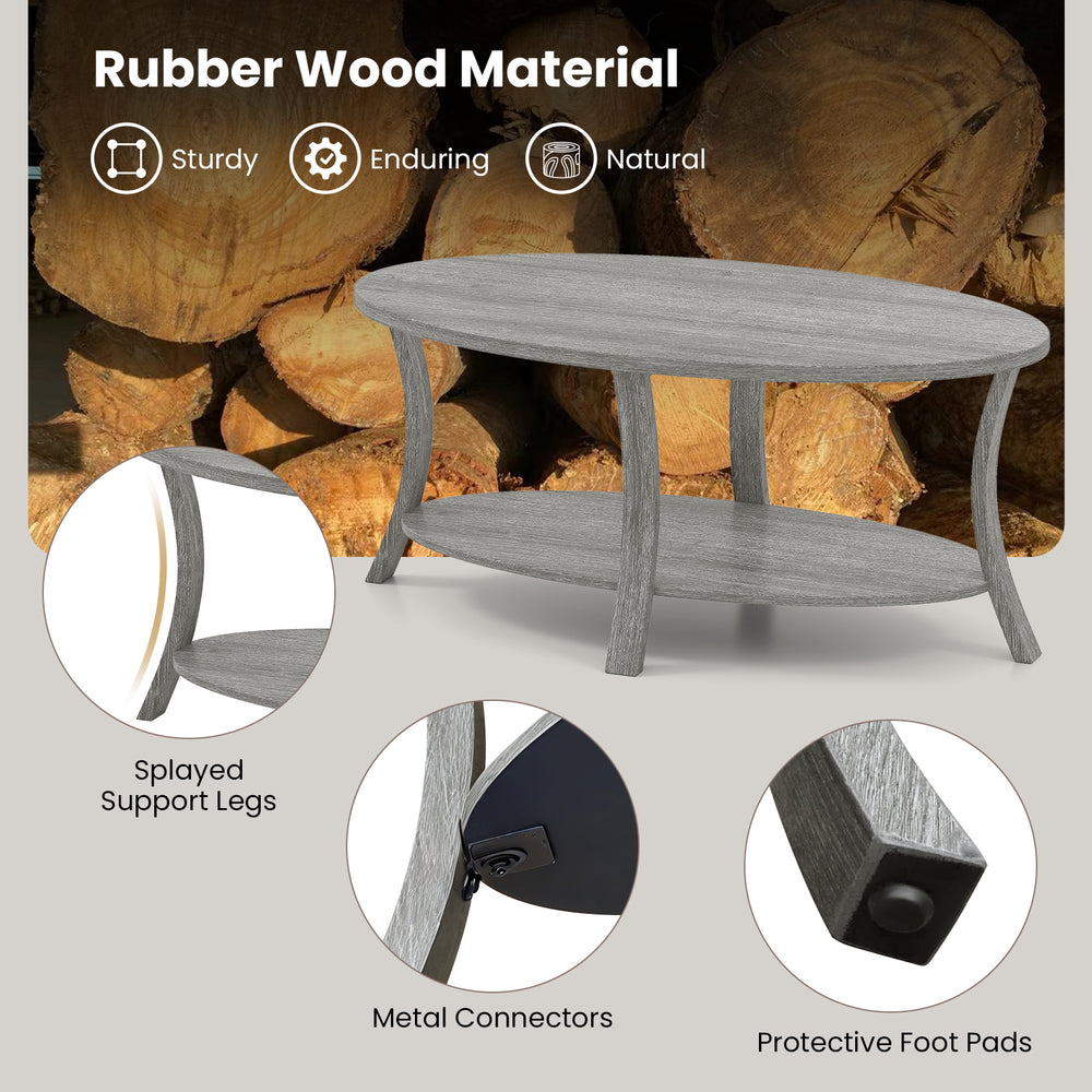 Oval coffee table in gray with rubber wood, featuring a wide tabletop and open storage shelf for versatile use.