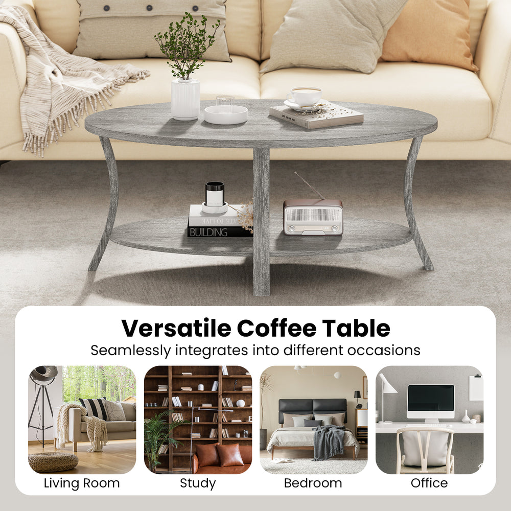Oval gray coffee table with a 2-tier design, featuring an open storage shelf, perfect for living room or office use.