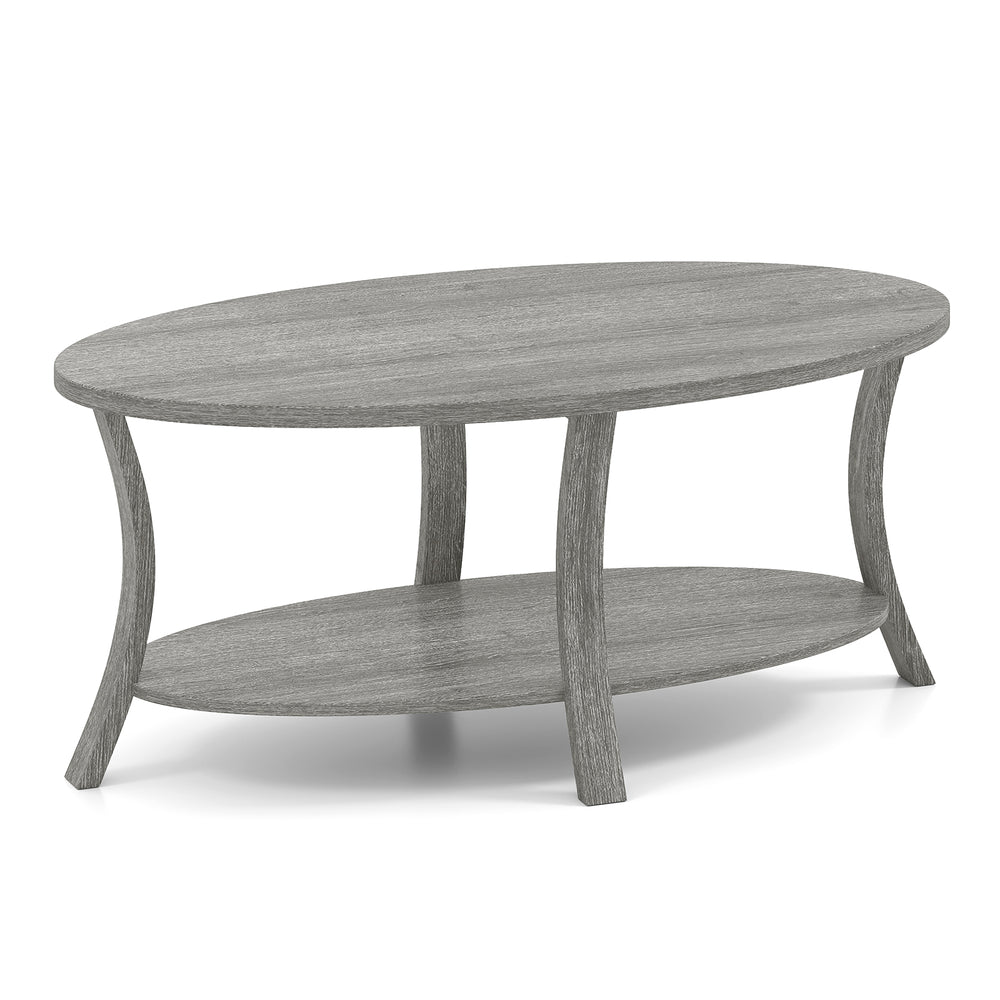 Gray oval coffee table with splayed legs and an open shelf, ideal for adding style and storage to any living space.