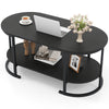 Oval black coffee table with 2-tier storage shelf, spacious tabletop, and durable metal frame for versatile use.