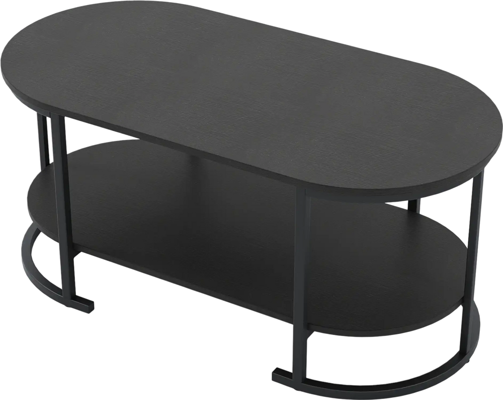 Oval black coffee table with 2-tier storage shelf, durable metal frame, and spacious tabletop for versatile use.
