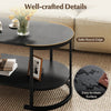 Oval black coffee table with 2-tier storage shelf, easy-to-clean surface, and safe round edges for versatile use.