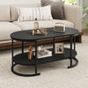 Oval coffee table with black finish, 2-tier storage shelf, and spacious tabletop, perfect for living room use.