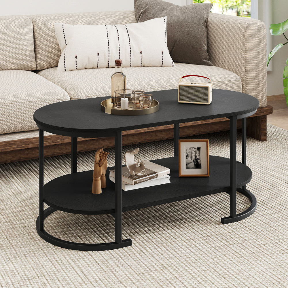 Oval Coffee Table 2-Tier Wooden Accent Table with Spacious Tabletop and Open Storage Shelf-Black - Gallery View 1 of 10