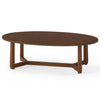 Oval coffee table with a thickened walnut top and V-shaped wood base, perfect for snacks and decor in any living space.