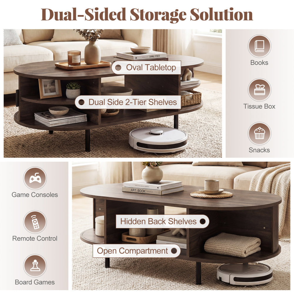 Oval coffee table with walnut finish, featuring dual side 2-tier shelves and open compartment for living room storage.