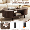 Oval coffee table with walnut finish, featuring dual side shelves and robust metal legs, perfect for stylish living.