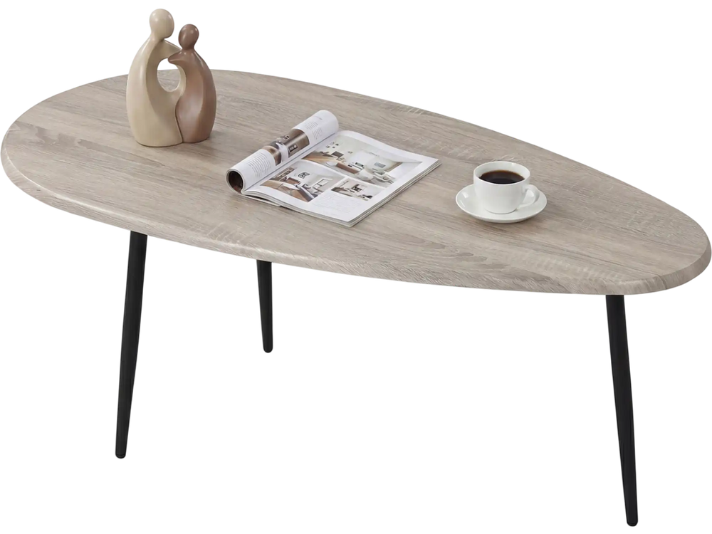 Oval coffee table with gray wood finish and sturdy metal legs, ideal for living room or lounge use.