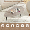 Oval coffee table with sturdy metal construction in gray, featuring generous storage space for magazines and decor.