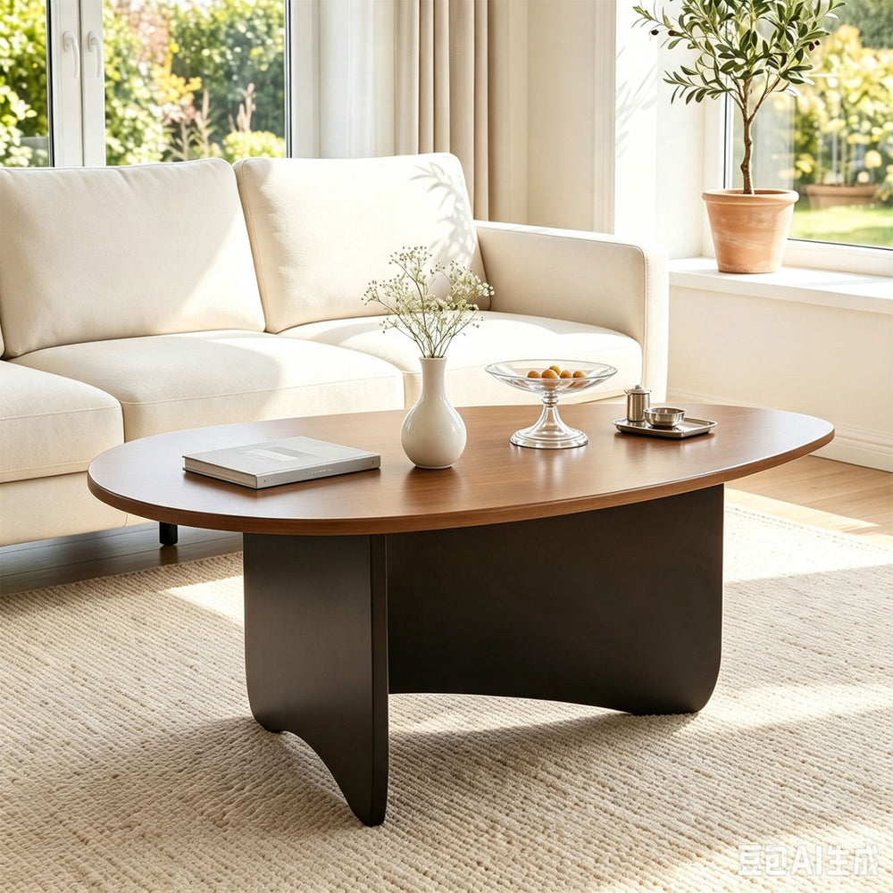 Oval Coffee Table Mid Century Modern Accent Table Low Profile Wooden Center Table-Walnut - Gallery View 1 of 10