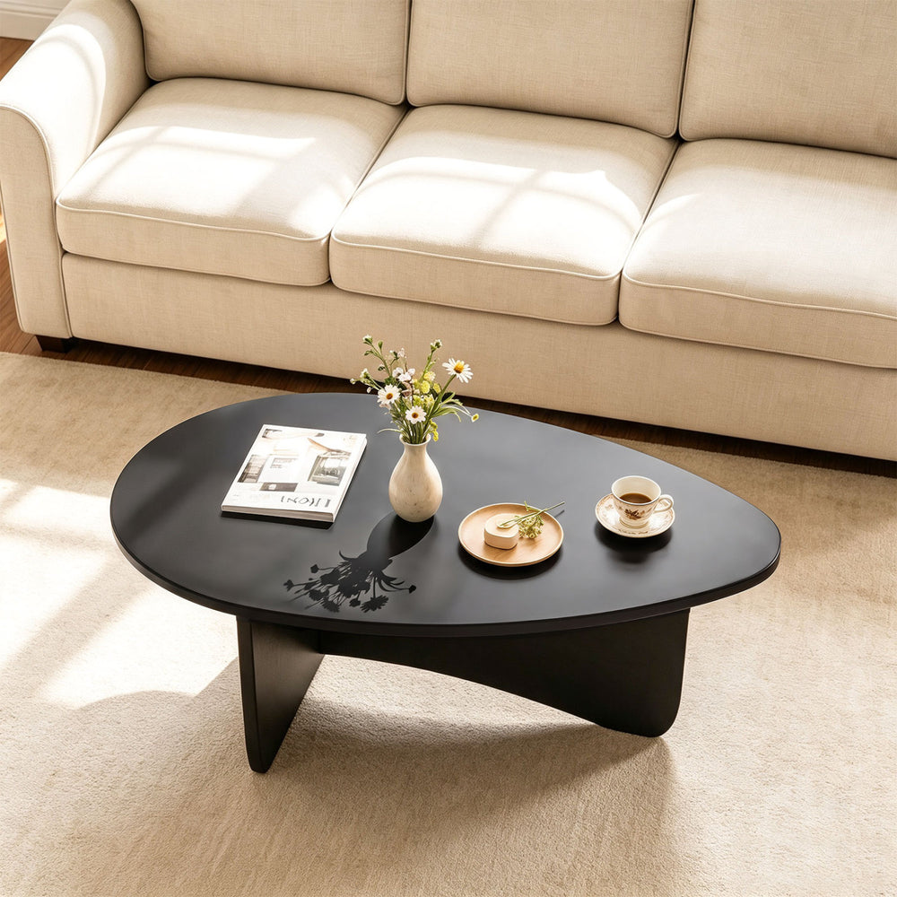 Oval black coffee table with a spacious surface, rounded corners, and a stable T-shaped base for modern living rooms.