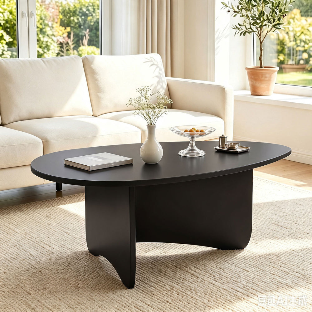 Spacious black oval coffee table with rounded corners and T-shaped base, perfect for low-profile lounging and easy cleaning.