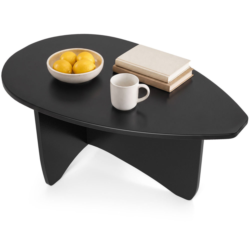 Oval black coffee table with a spacious surface, rounded corners, and a stable T-shaped base for easy lounging.