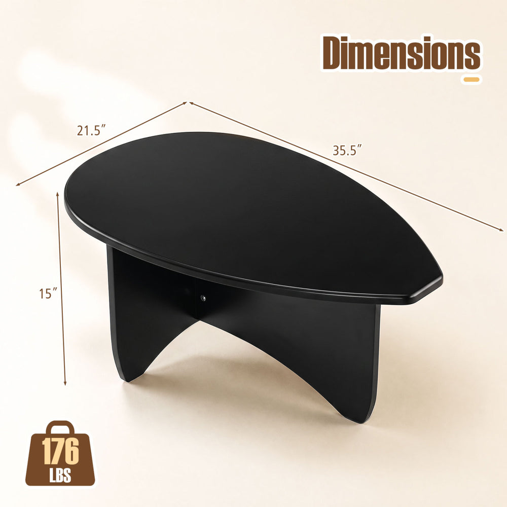 Black oval coffee table with a low-profile design, spacious tabletop, and T-shaped base for stability and ample legroom.