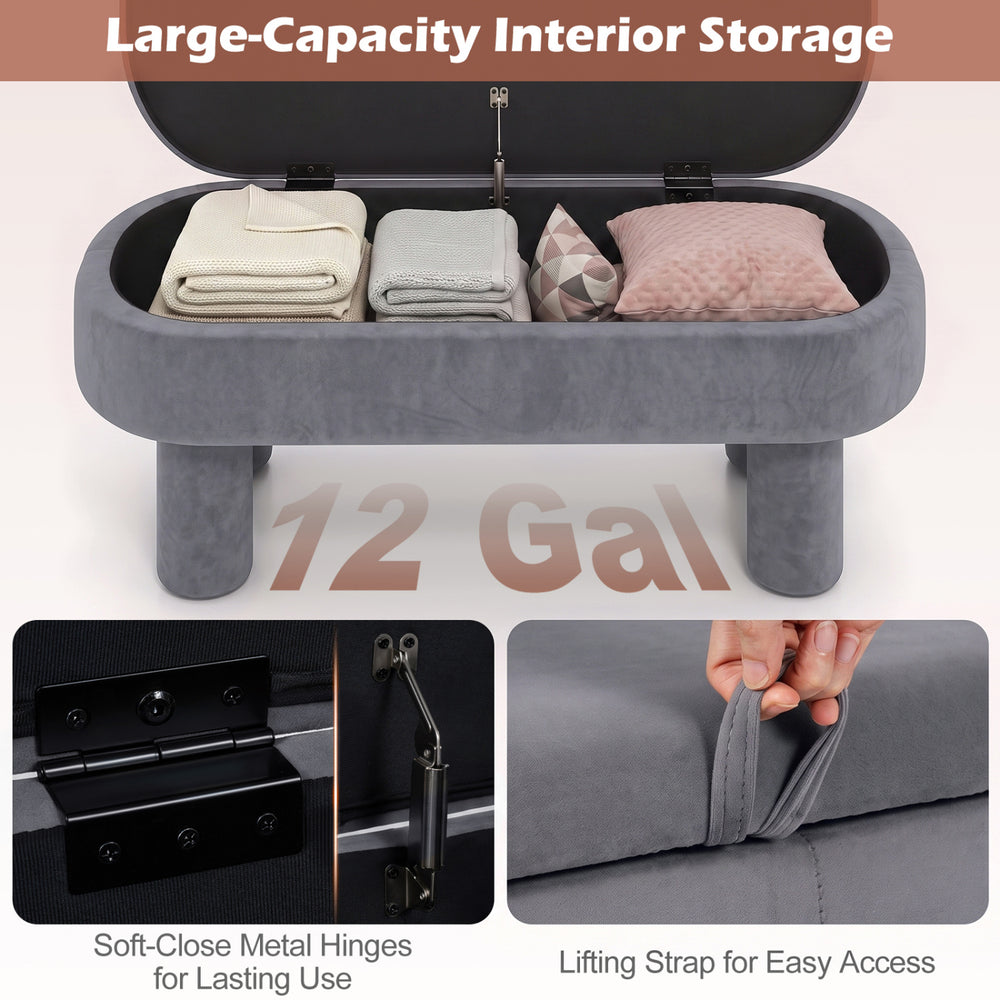 Oval storage ottoman bench with soft velvet fabric and 12-gallon capacity, perfect for blankets and pillows in any room.