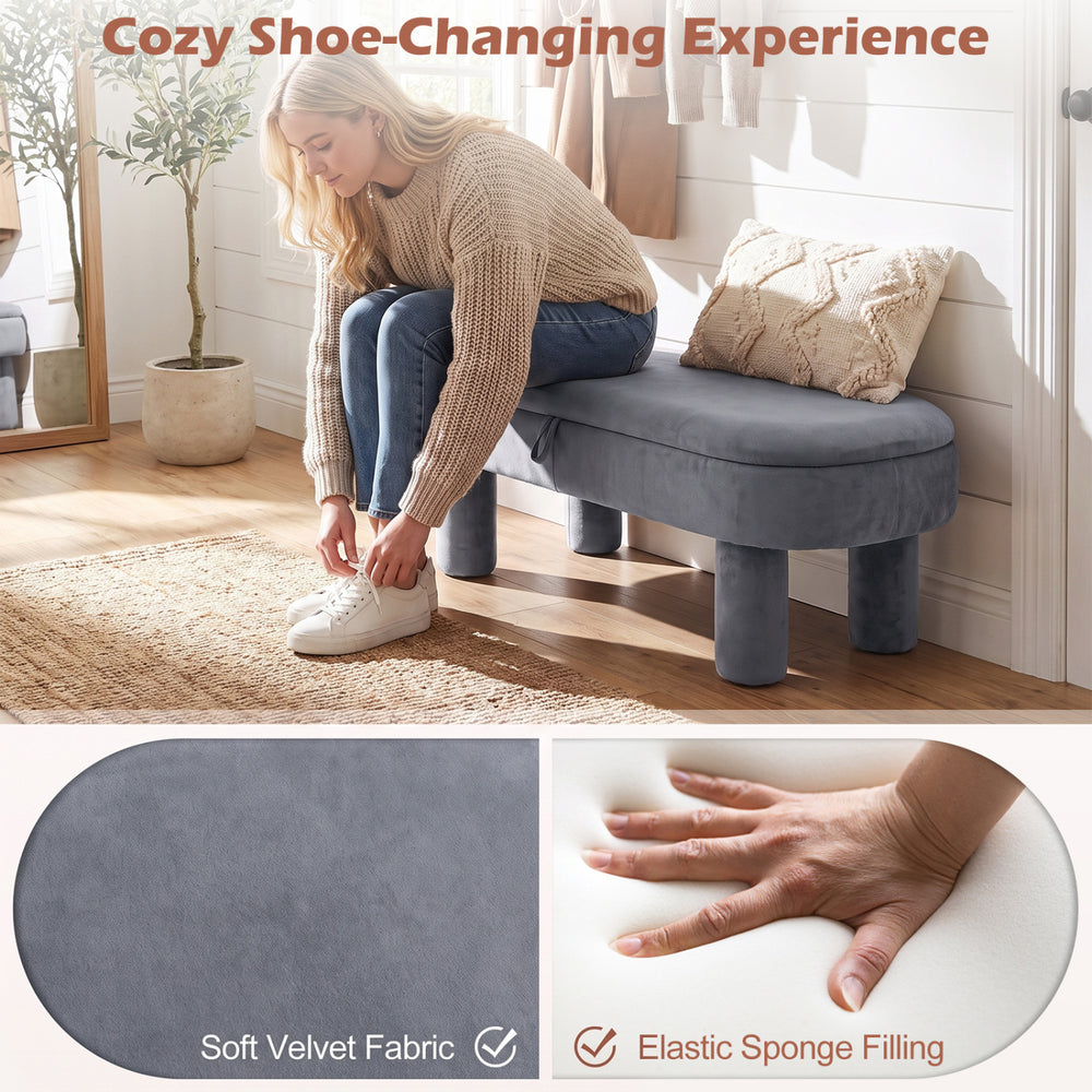 Oval storage ottoman bench with soft velvet fabric, elastic sponge padding, and roomy hidden storage for versatile use.
