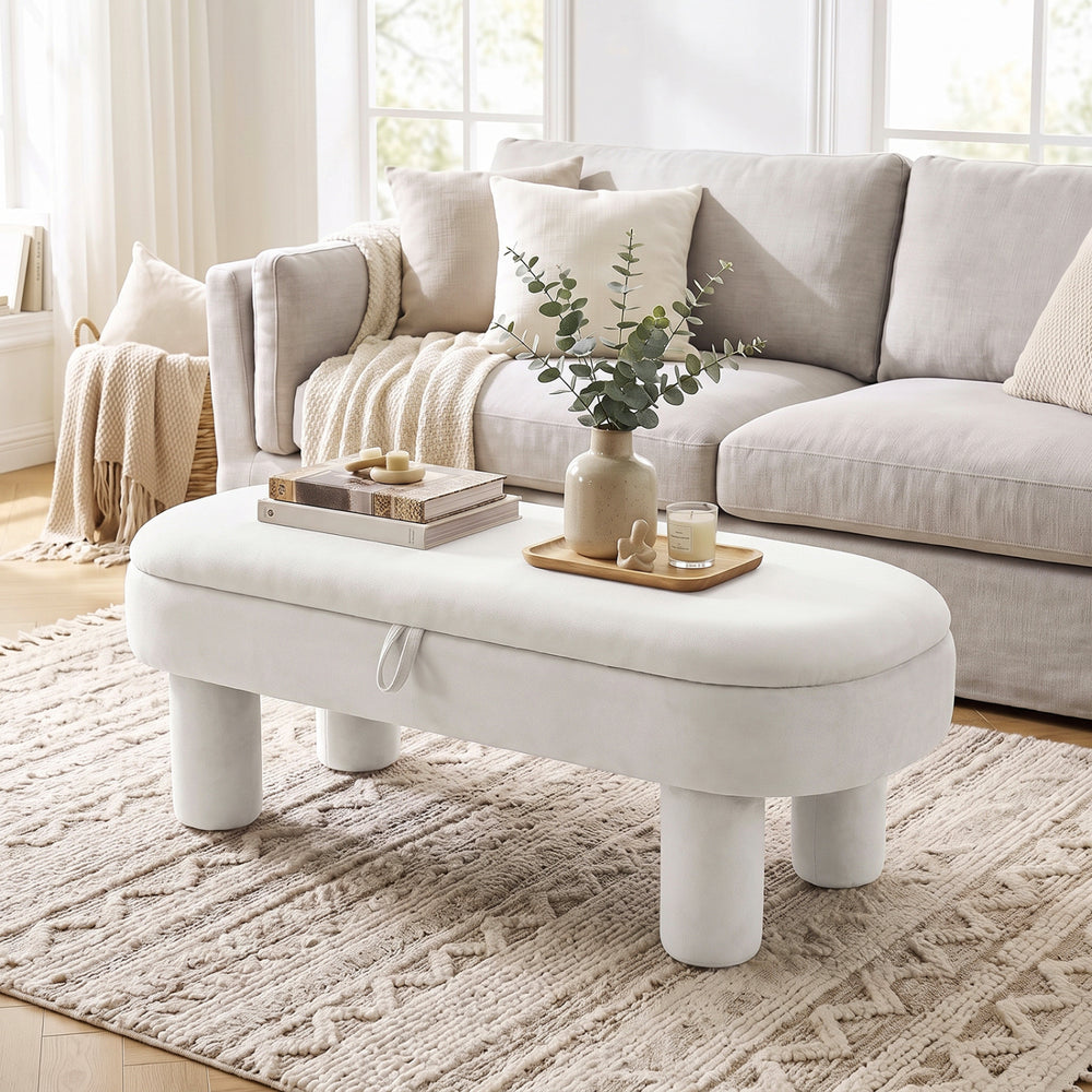 Oval Storage Ottoman Bench with Upholstered Seat for Bedroom-White - Gallery View 1 of 11