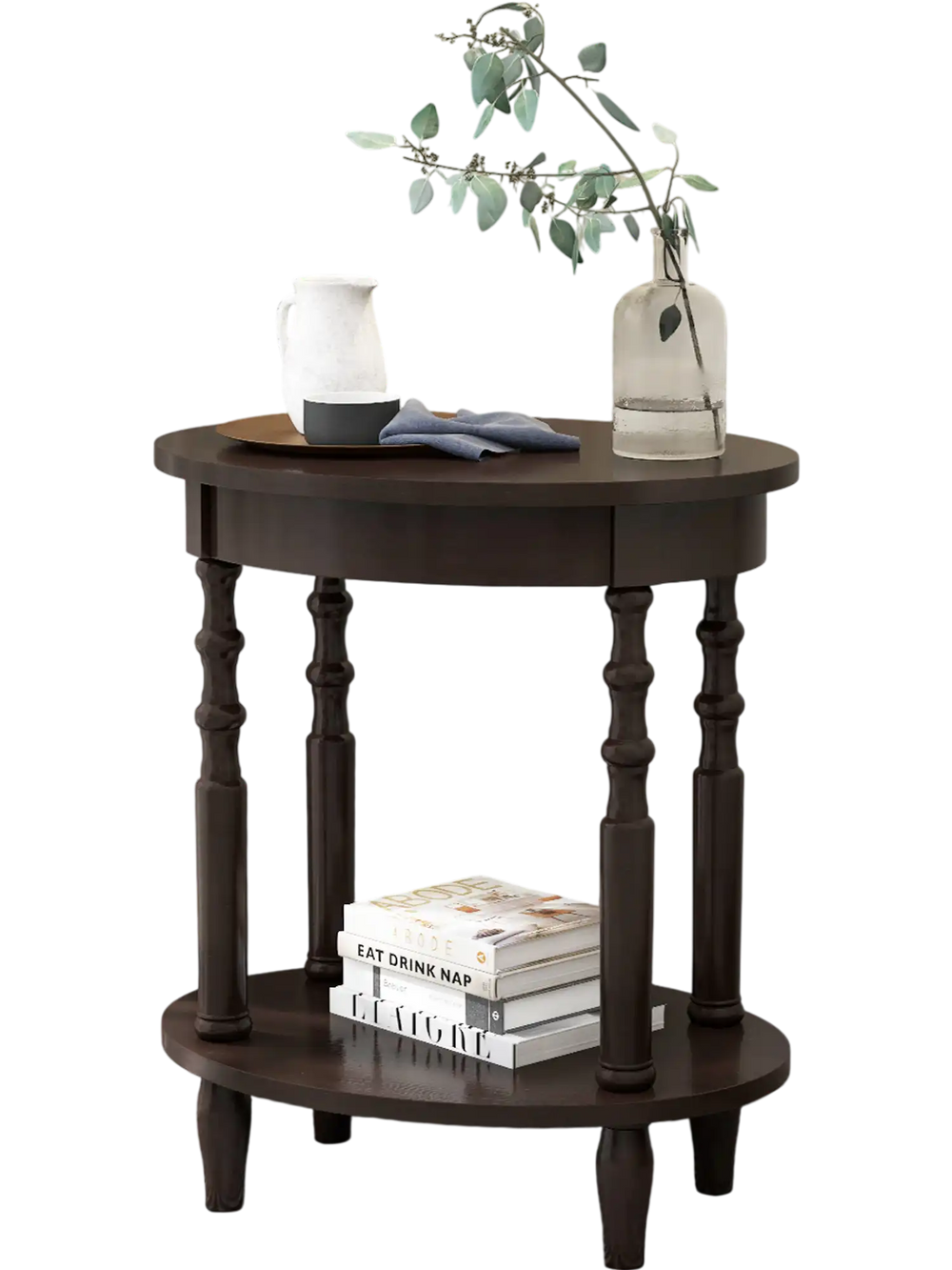 Oval side table in espresso with solid wood legs, featuring a 2-tier design for storage, ideal for small spaces.