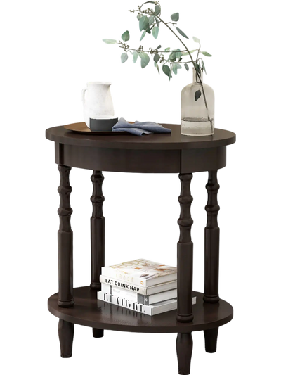 Costway 2-Tier Oval Side Table w/ Storage Shelf Solid Wood Legs Espresso 19573468 New