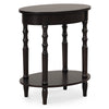 Oval side table in espresso with solid wood legs, featuring a 2-tier design for storage, ideal for compact spaces.