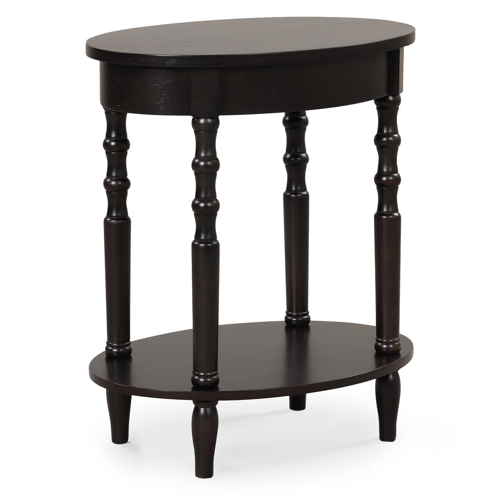 Oval side table in espresso with solid wood legs, featuring a 2-tier design for storage, ideal for compact spaces.