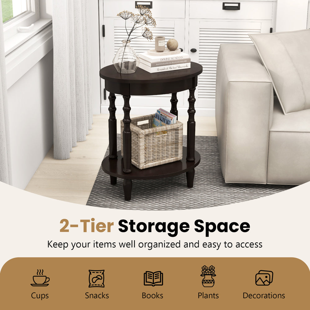 2-tier oval side table in espresso with solid wood legs, perfect for storage and display in any small space.