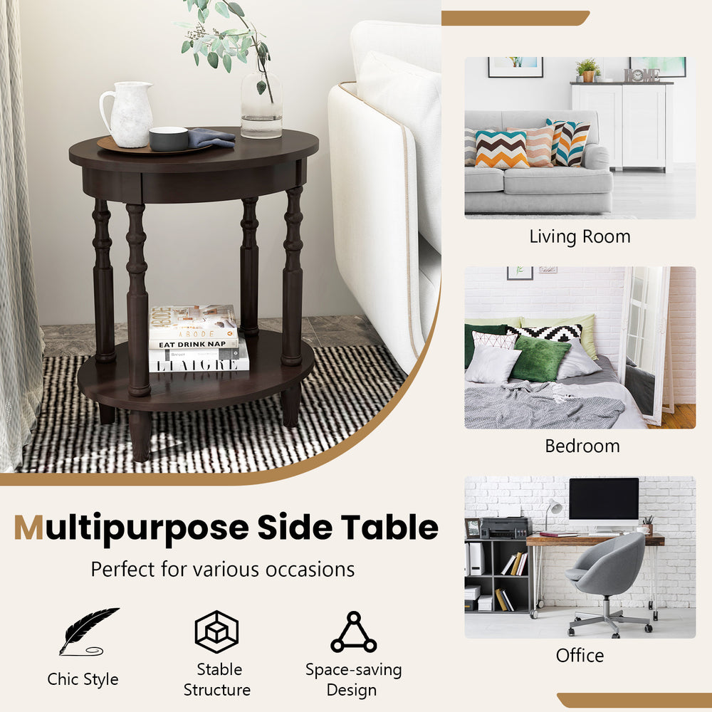2-tier oval side table in espresso with solid wood legs, ideal for living room or office, offering stylish storage.