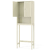 Beige Over The Toilet Storage Cabinet with fluted doors, open shelf, and adjustable shelves for bathroom organization.