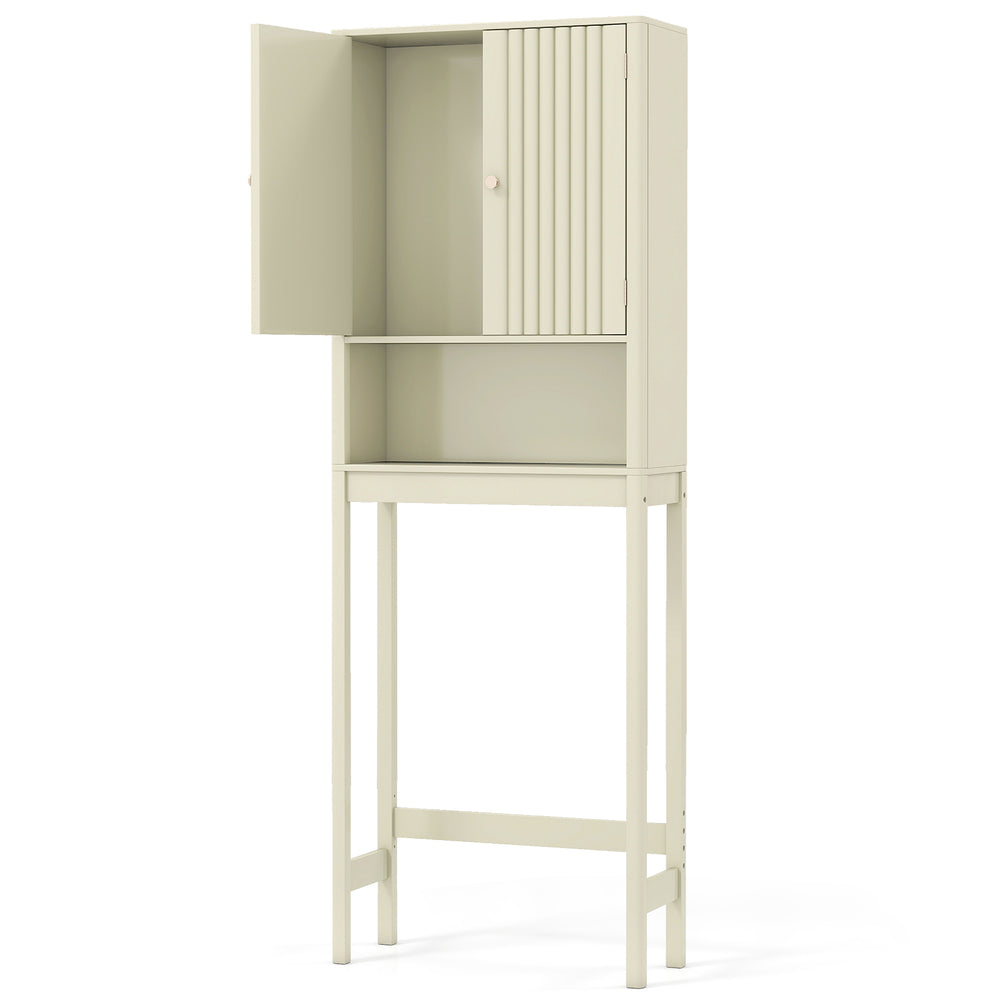 Beige Over The Toilet Storage Cabinet with fluted doors, open shelf, and adjustable shelves for bathroom organization.