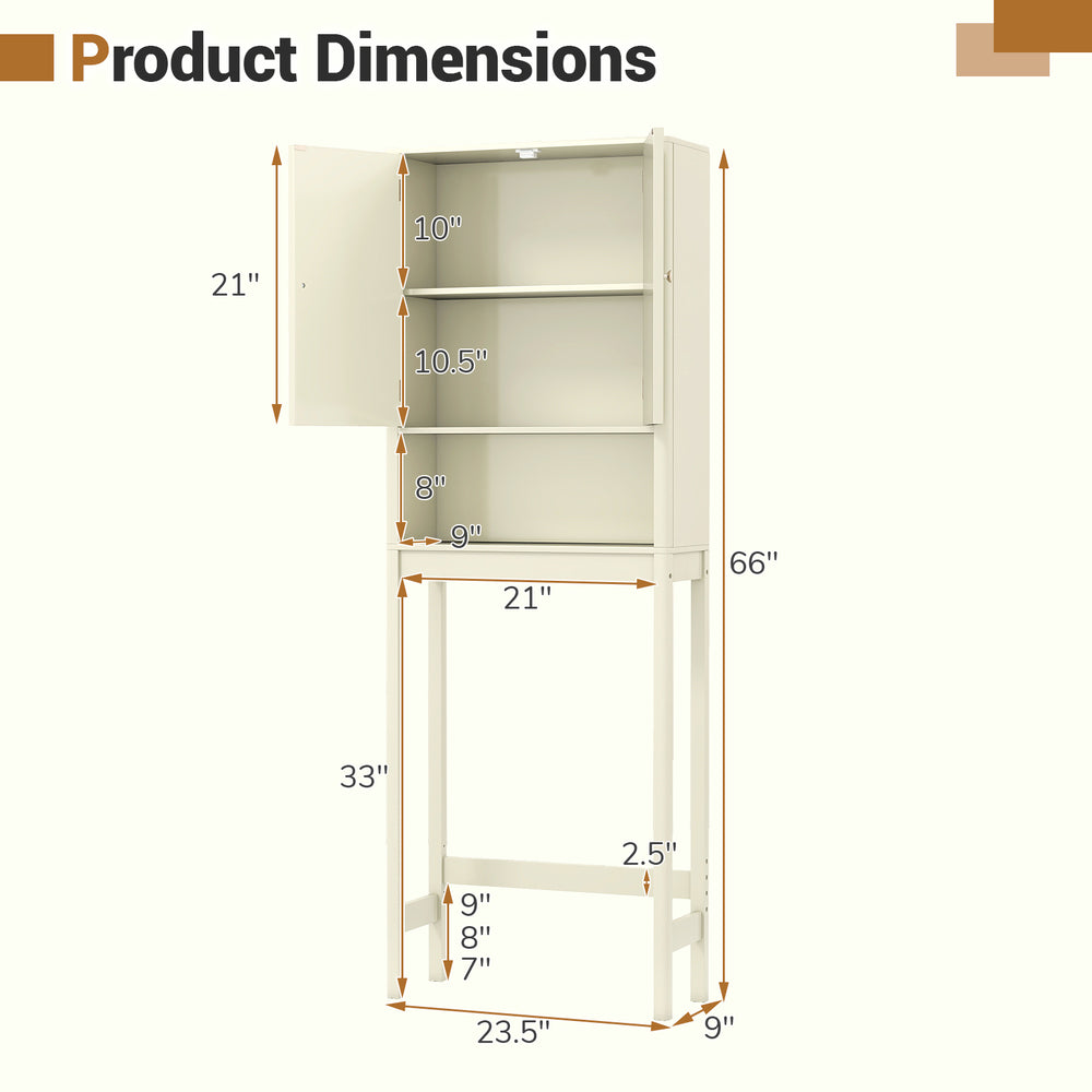 Over the toilet storage cabinet with fluted doors in beige, featuring adjustable shelves and dimensions for optimal fit.