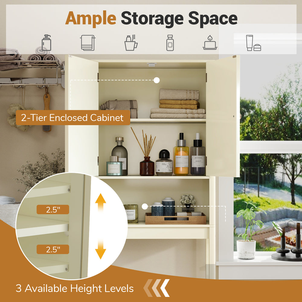 Over the toilet storage cabinet with fluted doors, featuring a 2-tier enclosed design and adjustable shelves for.
