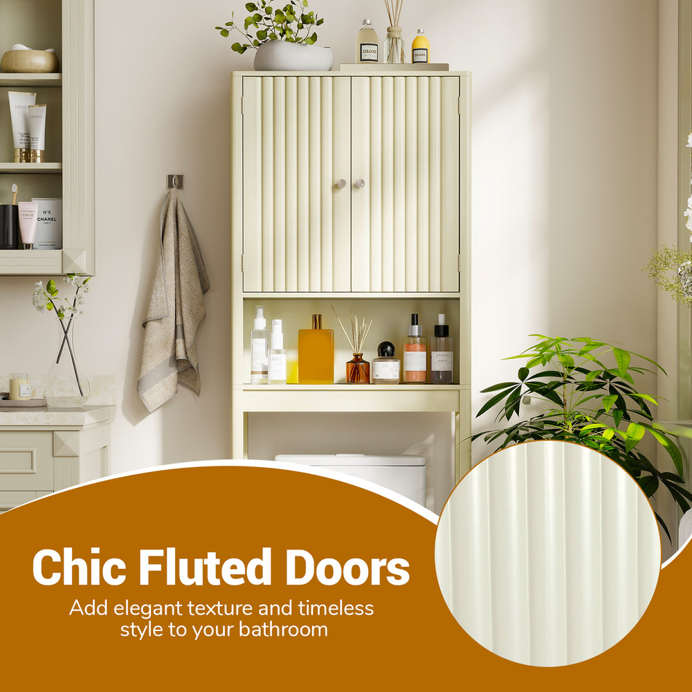 Over the toilet storage cabinet with fluted doors in beige, featuring adjustable shelves for stylish bathroom.