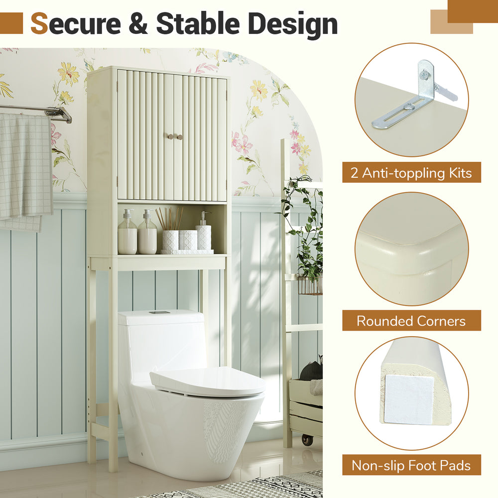 Over the toilet storage cabinet in beige with fluted doors, adjustable shelves, and anti-slip foot pads for bathroom.