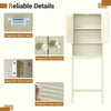 Over the toilet storage cabinet in beige with fluted doors, featuring adjustable shelves and magnetic door catches.