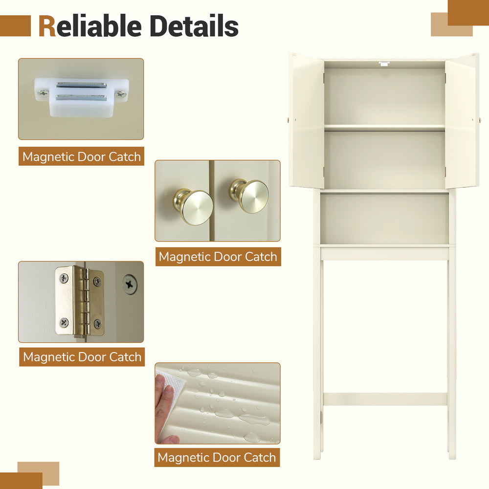 Over the toilet storage cabinet in beige with fluted doors, featuring adjustable shelves and magnetic door catches.