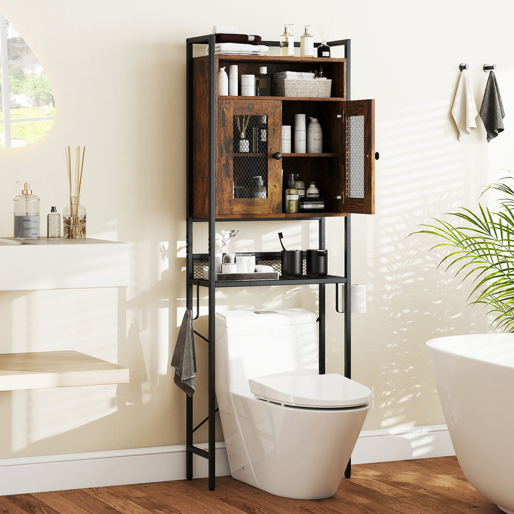 Over-The-Toilet Storage Cabinet with Heavy-Duty Metal Frame 2-door Freestanding-Rustic Brown - Gallery View 1 of 10