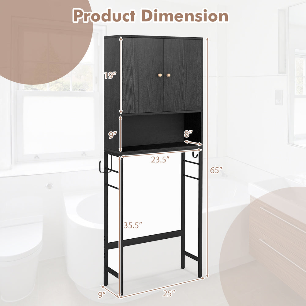 Over the toilet storage cabinet in black with adjustable shelves, designed for efficient bathroom organization and.