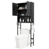 Over the toilet storage cabinet in black with two doors, adjustable shelves, and a modern design for efficient bathroom.