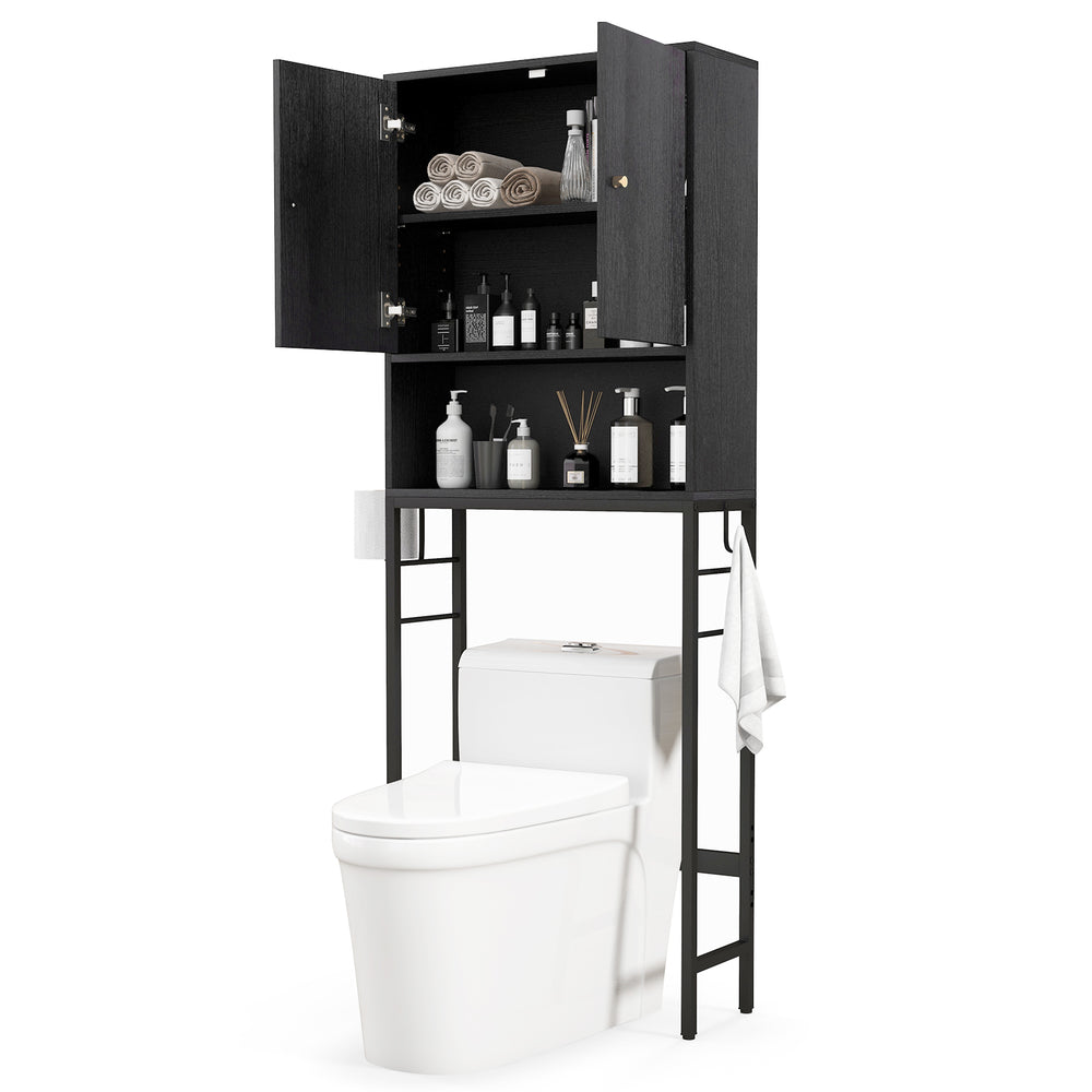 Over the toilet storage cabinet in black with two doors, adjustable shelves, and a modern design for efficient bathroom.