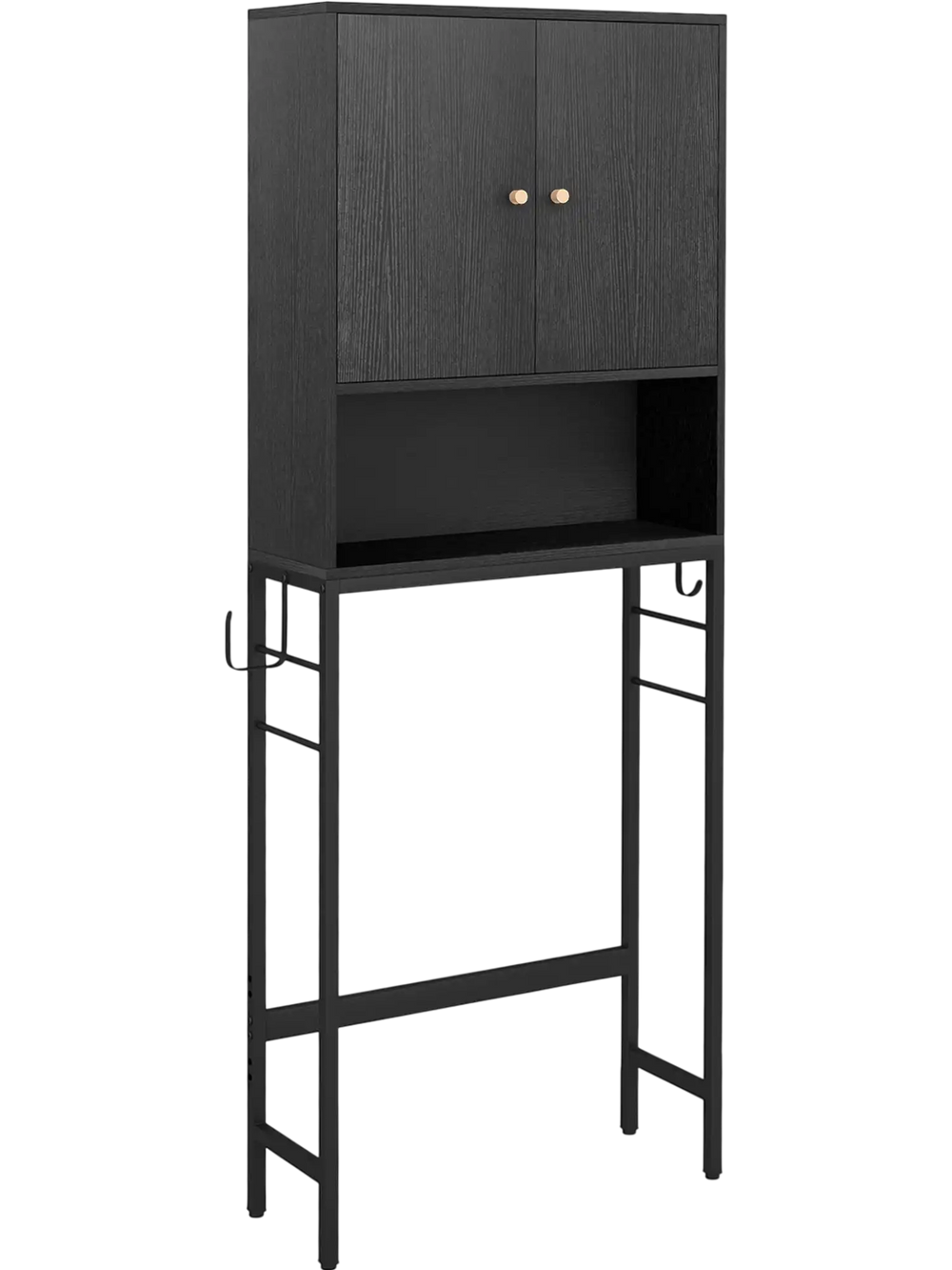 Over the toilet storage cabinet in black with two doors, adjustable shelf, and space-saving design for bathroom.