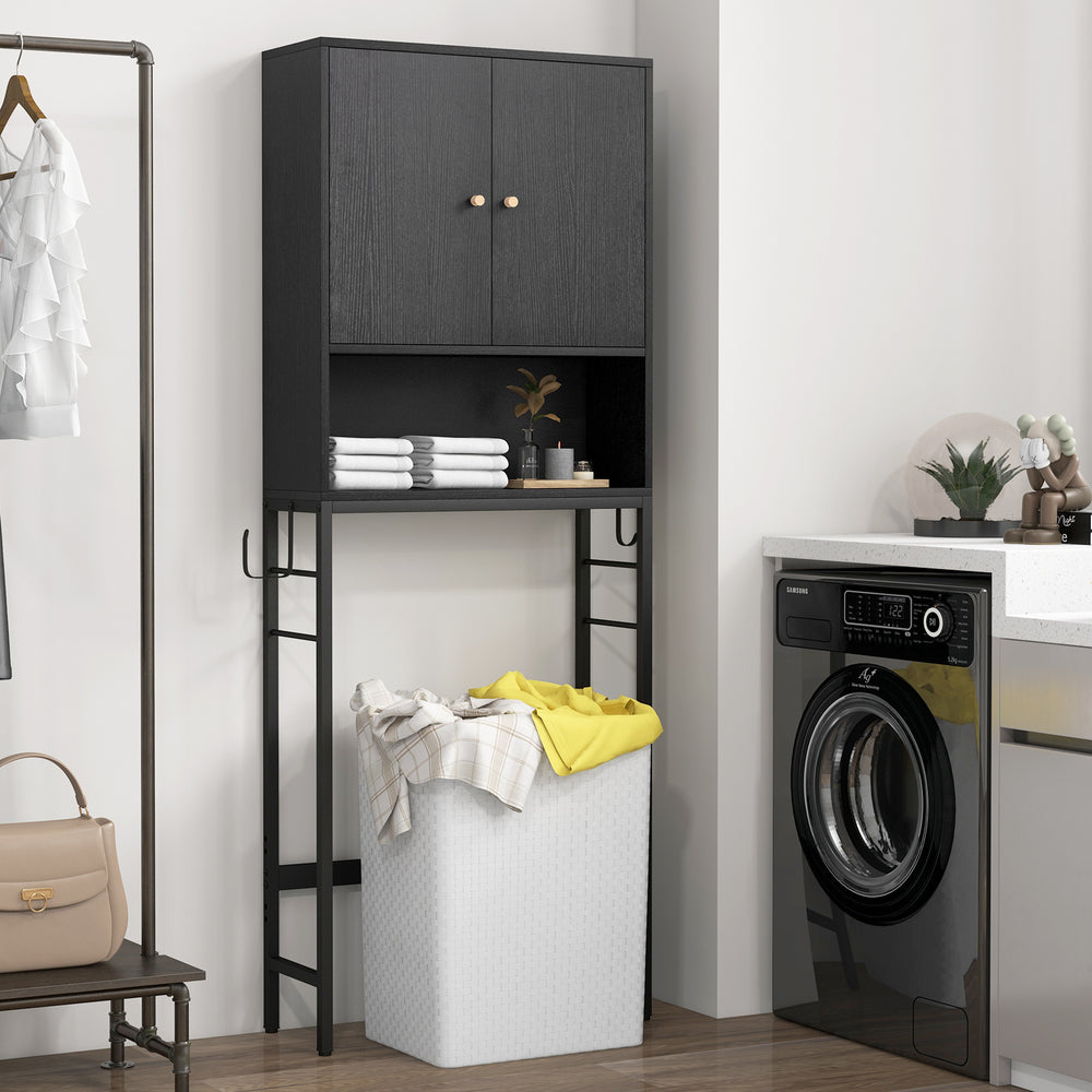 Black over the toilet storage cabinet featuring a sturdy design, anti-tipping safety, and stylish metal handles for.