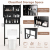 Over the toilet storage cabinet in black with adjustable shelves, two doors, and side hooks for efficient bathroom.