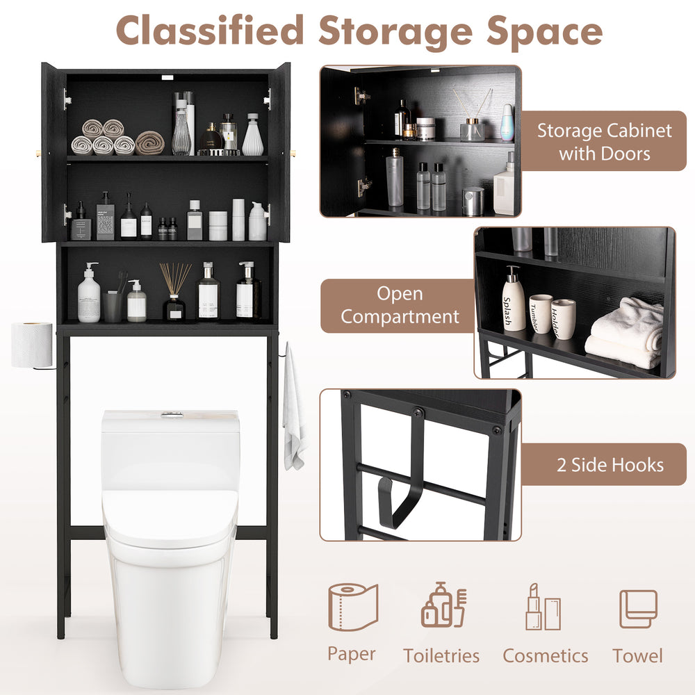 Over the toilet storage cabinet in black with adjustable shelves, two doors, and side hooks for efficient bathroom.